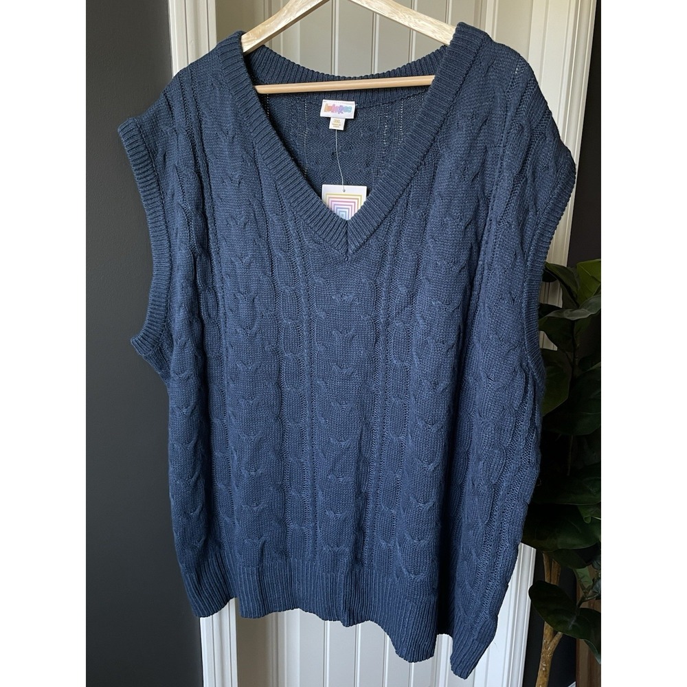 NWT LuLaRoe LLR Nadia Sweater Vest 3XL Blue Cable-Knit V-Neck Sleeveless Acrylic
